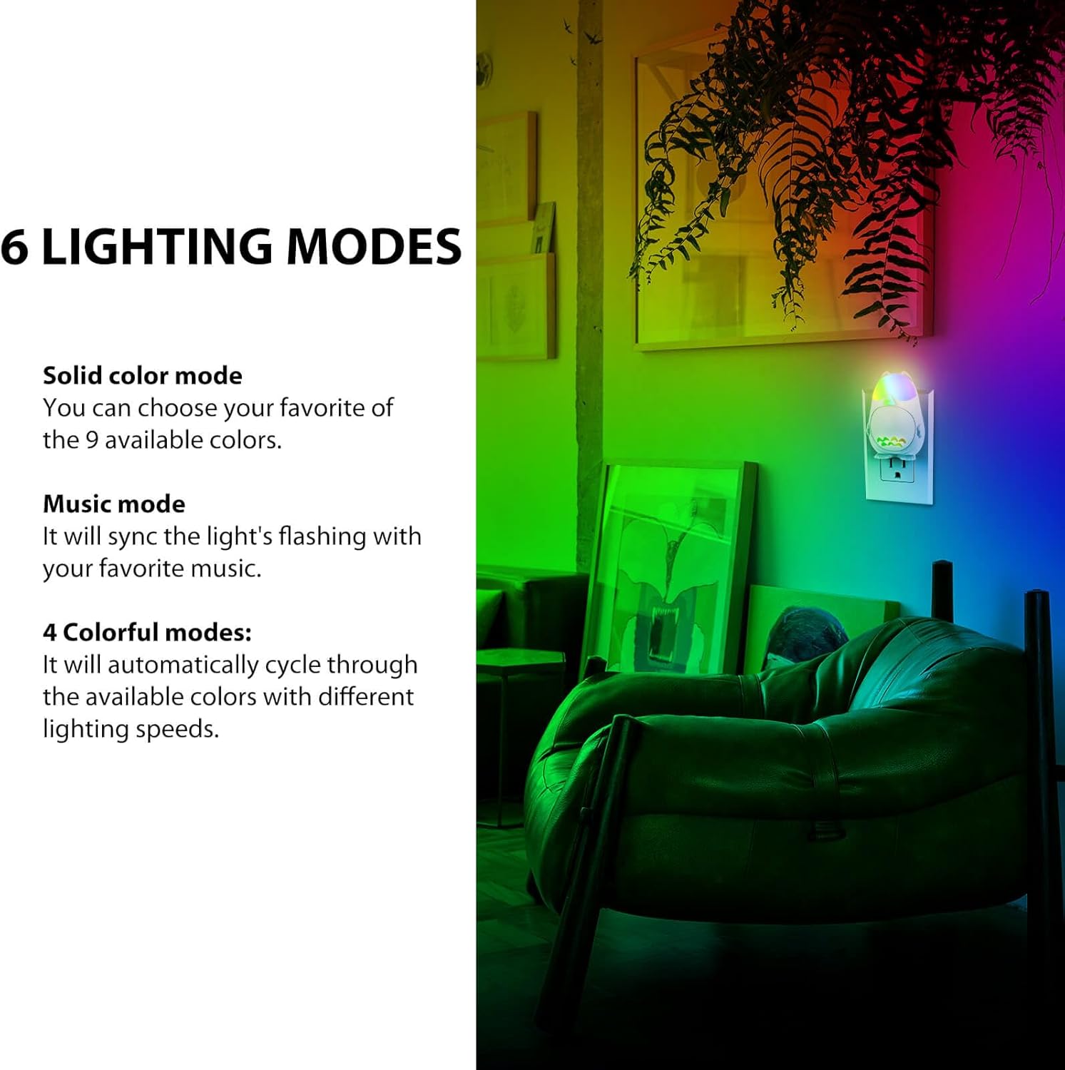 Luces nocturnas que cambian de color enchufables a la pared, 1 paquete de luz nocturna enchufable para niños, activada por voz inteligente, 9