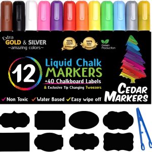 Marcadores de tiza líquida, paquete de 12 con 40 etiquetas de pizarra, bolígrafos de color neón llamativos que incluyen pintura dorada y plateada. Marcadores de tiza líquida, paquete de 12 con 40 etiquetas de pizarra, bolígrafos de color neón llamativos que incluyen pintura dorada y plateada.
