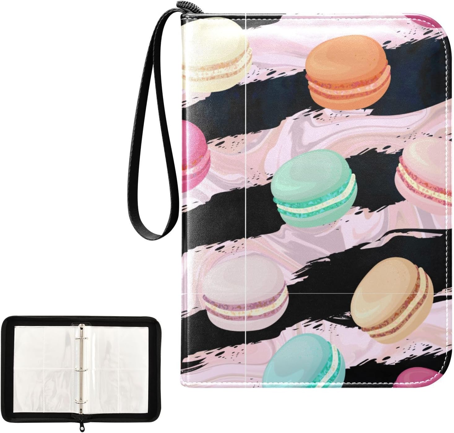 Macaroons Card Binder 4 Pocket Trading Card Holder Book with 50 Sleeves Card Binder Case Fits 400 Cards 3 Rings Trading Card Album Folder for