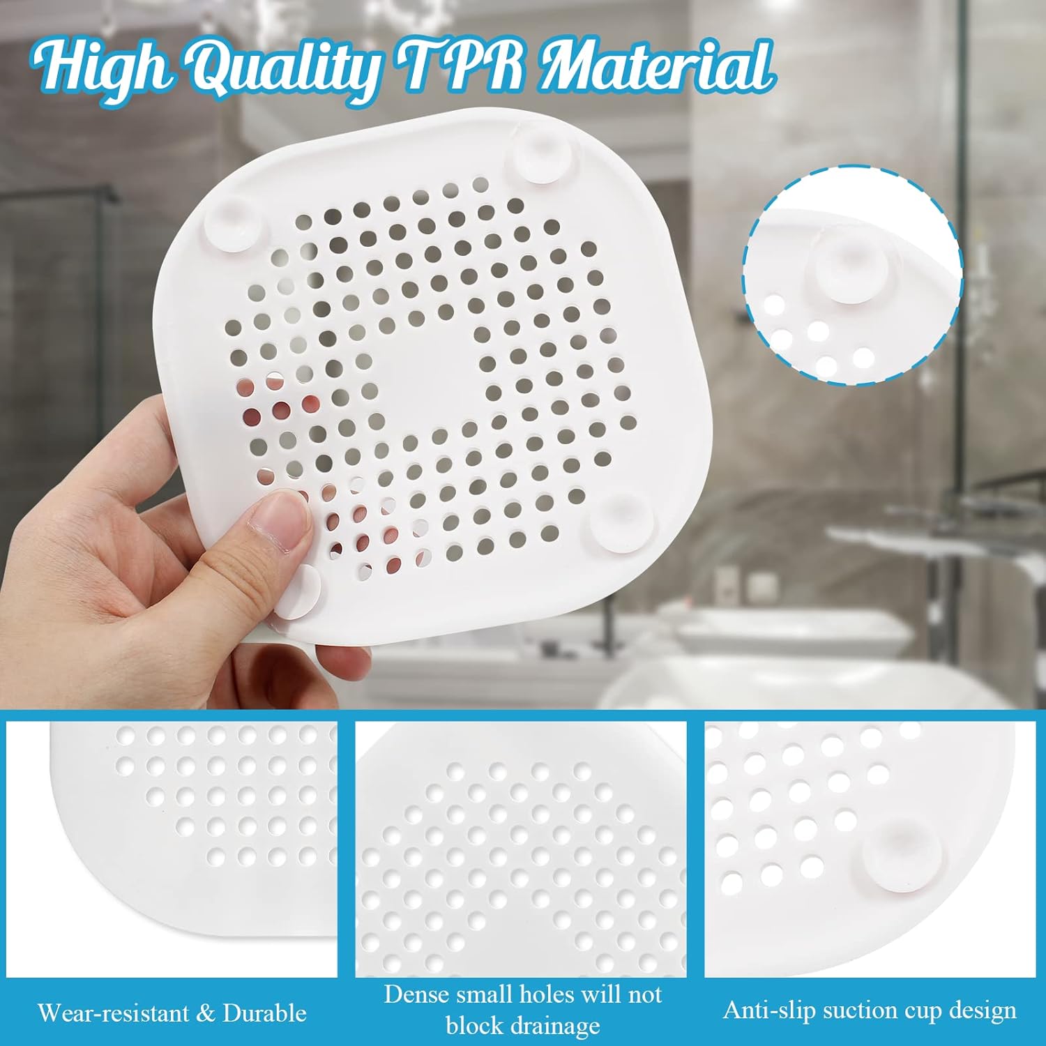 Cubierta de drenaje cuadrada de 5.4 pulgadas, tapón de silicona plana de caucho termoplástico (TPR), para baño, cocina (blanco)