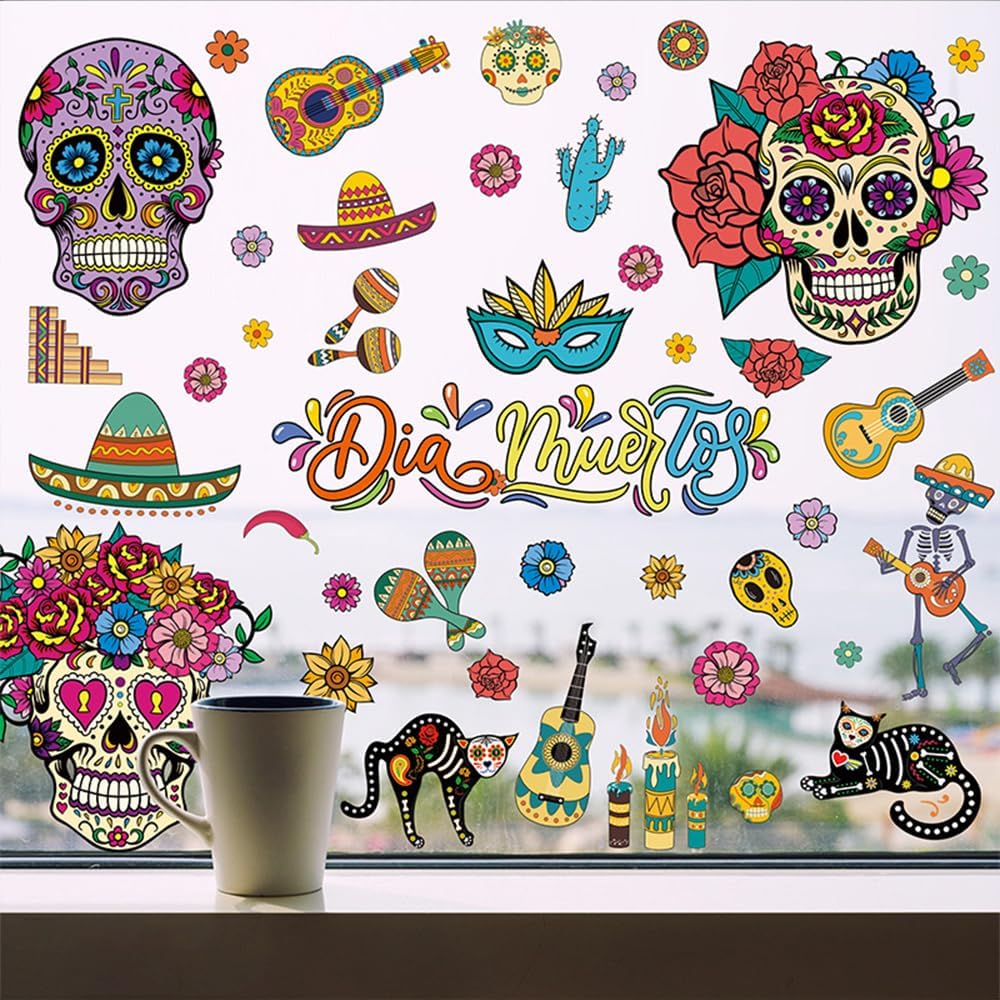 81 calcomanías para ventana del Día de los Muertos, Día de los Muertos, calcomanías mexicanas de Halloween para ventana, calavera de azúcar,