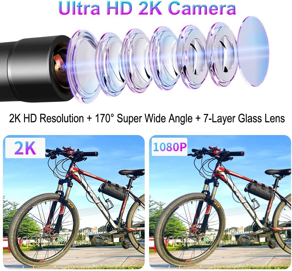 VSYSTO Cámara de bicicleta WiFi 2K con luz trasera de visualización de temperatura, visión nocturna súper gran angular de 170 SONYIMX335 lente