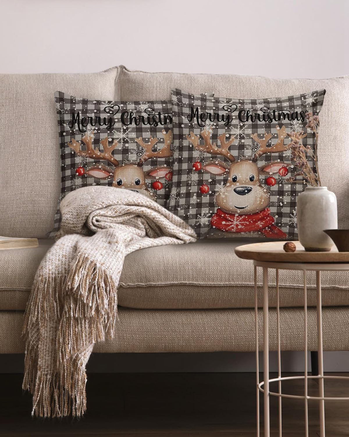 Juego de 2 fundas de almohada navideñas de 18 x 18 pulgadas, fundas de cojín decorativas de reno, fundas de almohada suaves, fundas de almohada