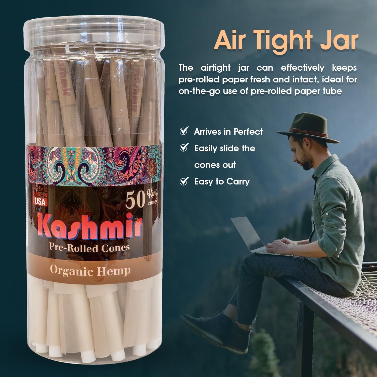 Kashmir Cones Rolling Paper King – Papeles de liar – Conos orgánicos con puntas preenrollados conos preenrollados tamaño King 50 unidades