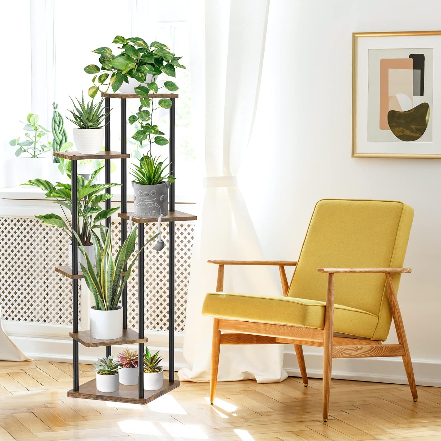 Soportes esquineros de 6 niveles altos para interiores, estante grande de metal para macetas de madera de 45 pulgadas para múltiples plantas,