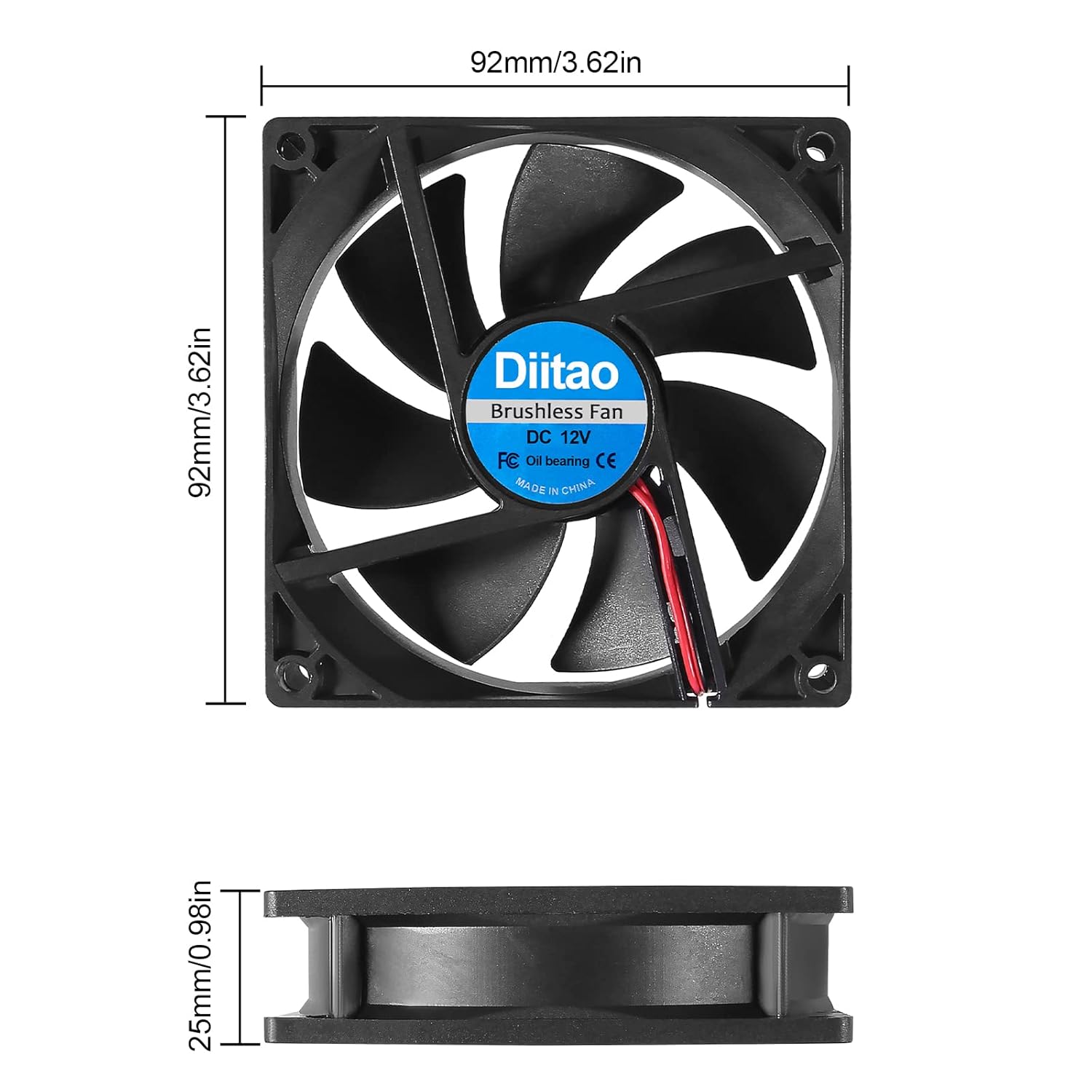 Ventilador de computadora 9225 de 12 V, 3.622 x 3.622 x 0.984 in, sin escobillas, ventilador de flujo de aire grande para enfriar, carcasa de