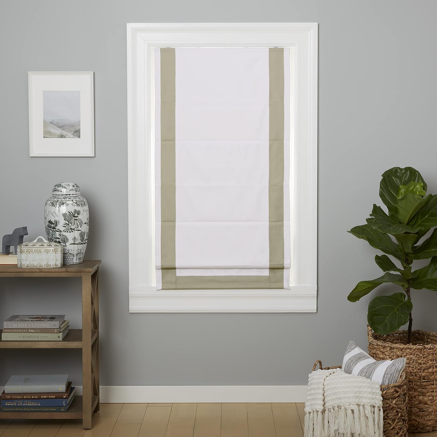 Exclusive Home Frontera – Persiana romana 100% opaca, 34 x 64 pulgadas, color blancogris