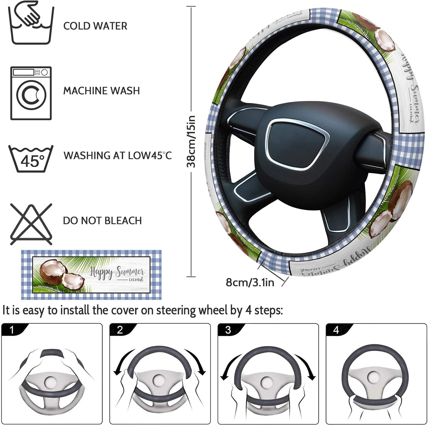 Car Steering Wheel Cover, Summer Coconut Wood Grain Elastic Stretch Sponge Steering Wheels Protective Cover for Vehicles Trucks SUVs Universal
