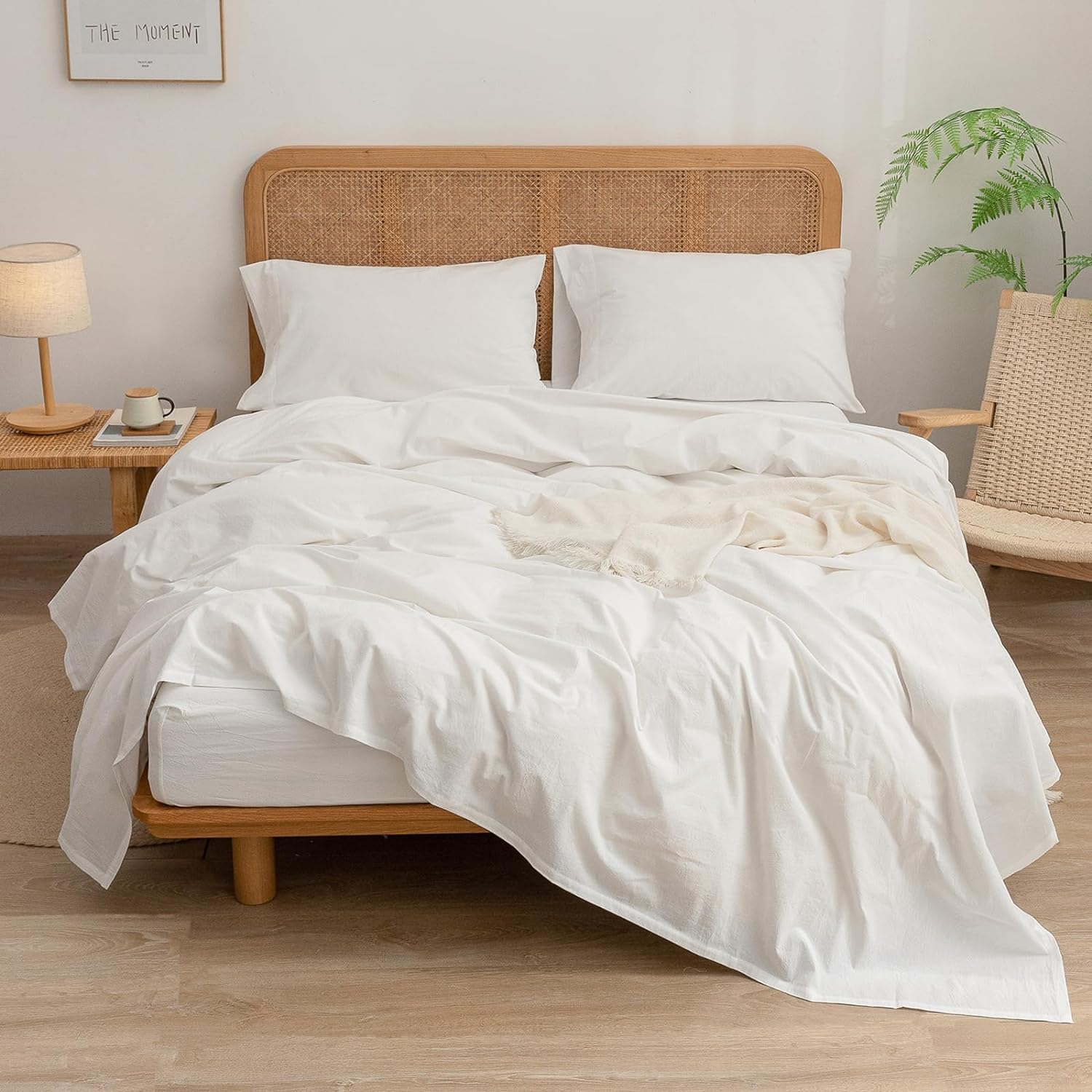 BESTOUCH Juego de sábanas 100% algodón lavado, tacto súper suave, cómodo, elegante, ligero, juego de ropa de cama de 4 piezas, color blanco hueso,