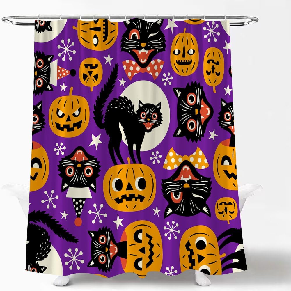 Cortina de ducha de Halloween, espeluznante gato negro, terror, calabaza naranja, bruja aterradora, gatos de luna llena, divertida cortina de baño