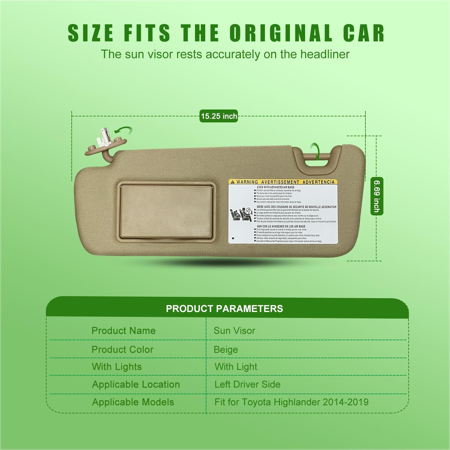 Visera solar del lado izquierdo del conductor para Toyota Highlander 2014 2015 2016 2017 2018 2019 beige con repuesto ligero # 74310-0E072-B0 (lado