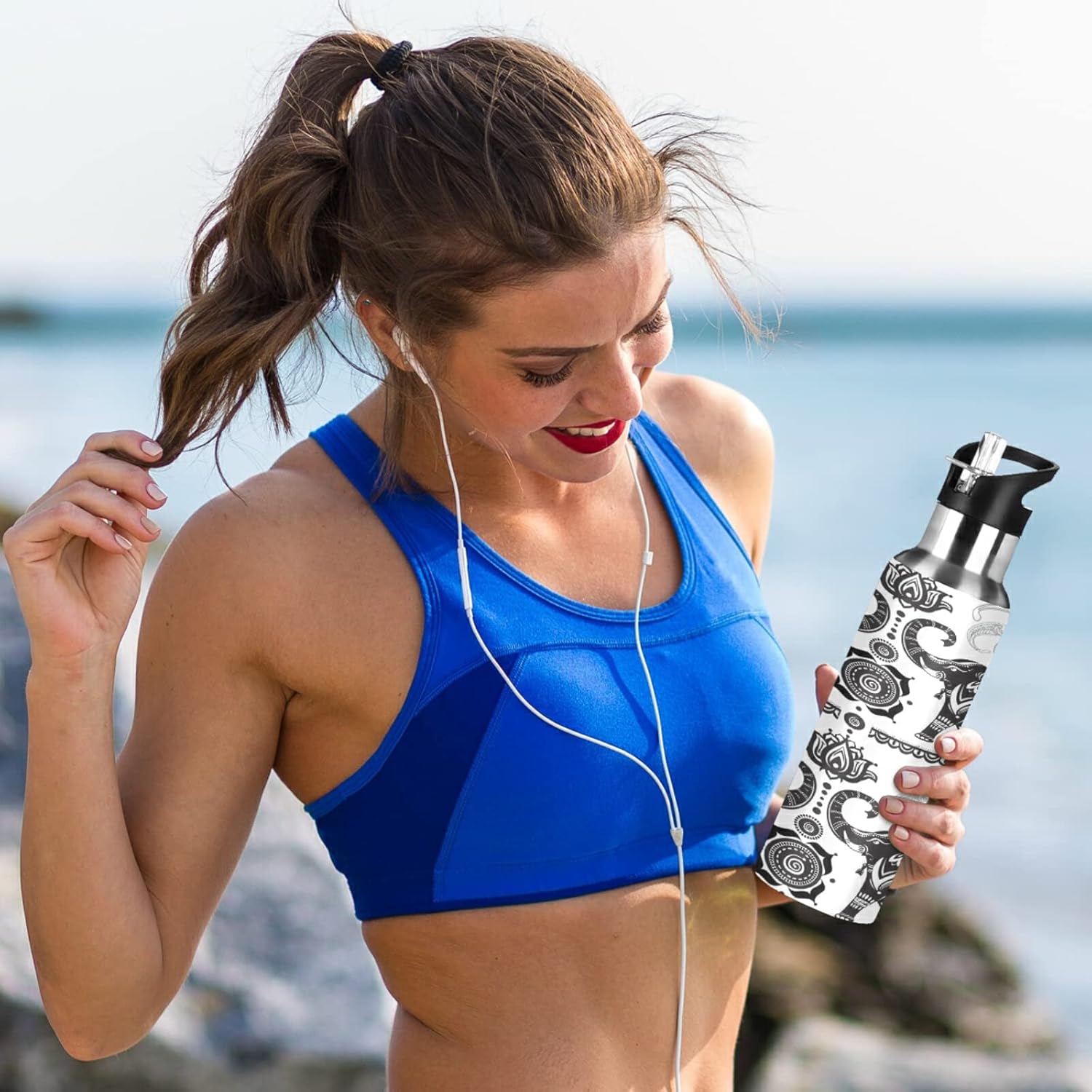 senya Botella de agua de acero inoxidable 0014 con tapa con pajilla, termo para niños, termo de elefante indio de cachemira para deportes, oficina,
