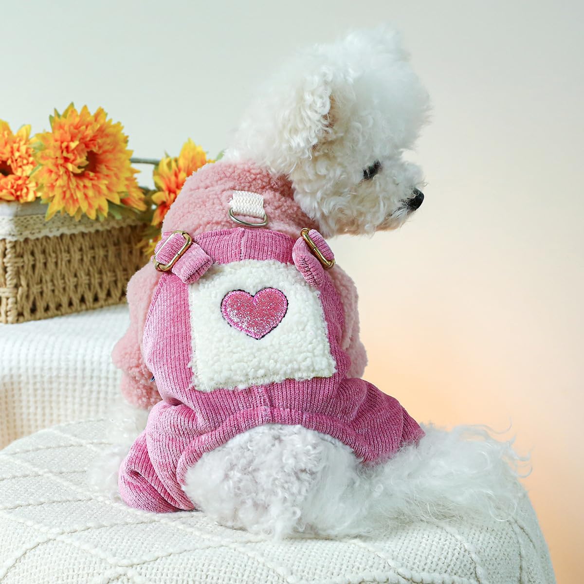 Ropa para cachorros, pijamas para perro, trajes de invierno, abrigo para perros pequeños, overol de forro polar con patrón de corazón, pantalones de