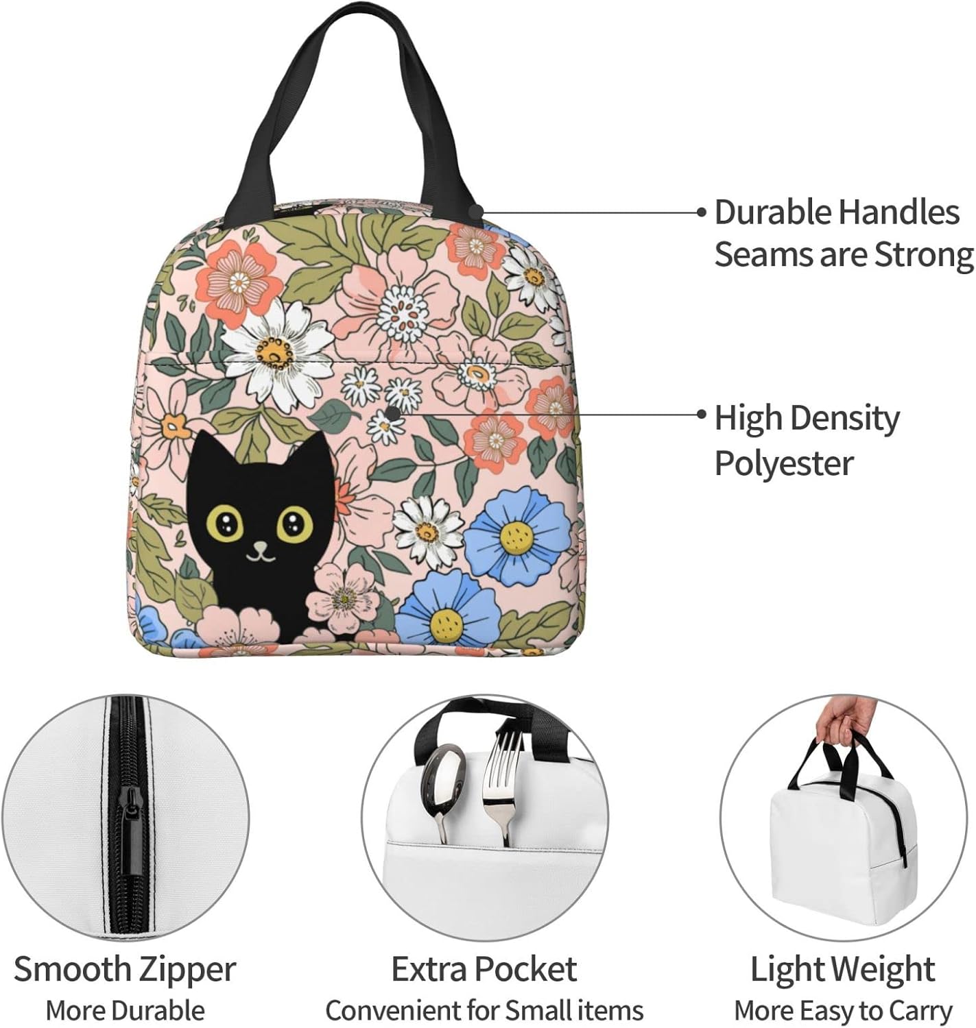 HIZUWKY Lonchera con diseño floral de gato negro, reutilizable, aislada, para adolescentes, niñas, niños, mujeres, para escuela, viajes, picnic,
