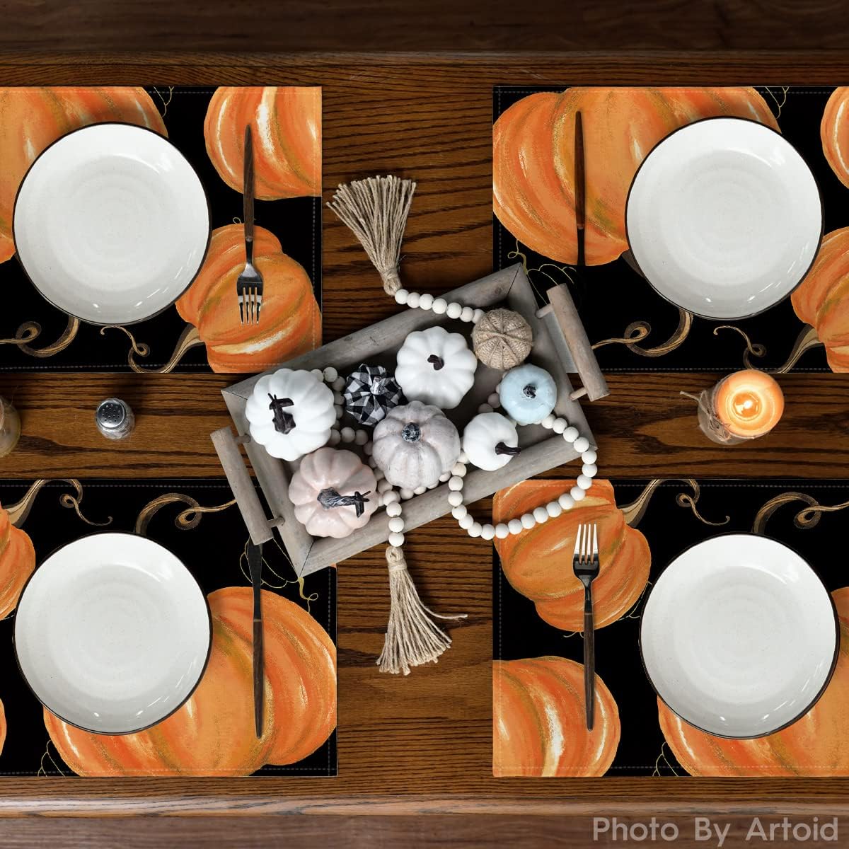 Artoid Mode Juego de 2 manteles individuales de otoño de 12 x 18 pulgadas con diseño de calabazas negras para decoración de fiestas, cocina, comedor