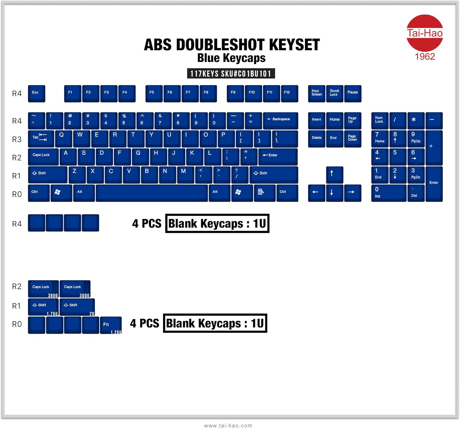 TAI-HAO Teclas azules de perfil OEM 117 ANSI Layout compatibles con todos los tipos de teclados MX (6187104108+1.25 Fn + 1.75U2U llave de cambio)
