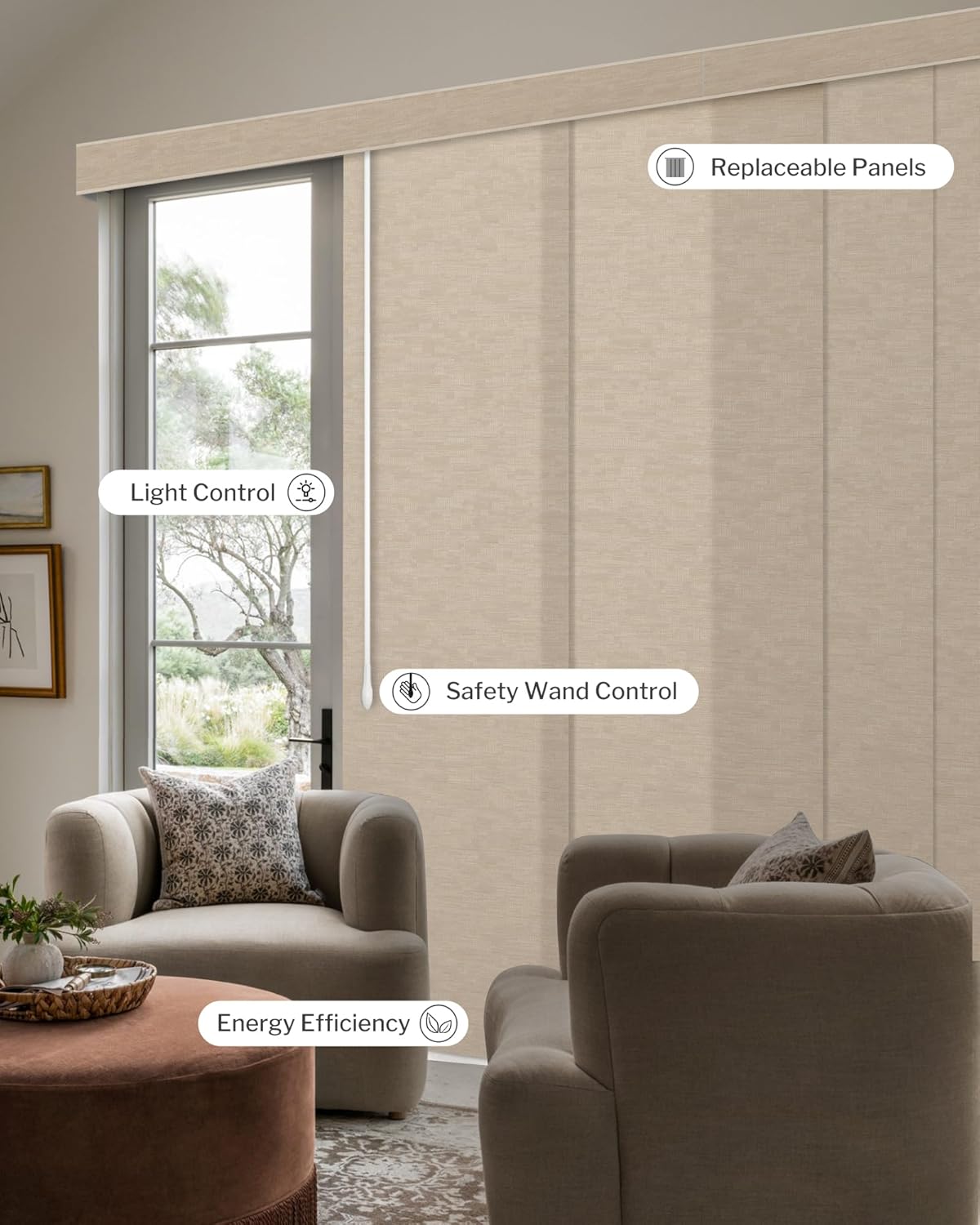 Graywind Paneles deslizantes manuales para filtrar la luz, panel de privacidad, persianas de control de varilla, persianas para ventana de patio,