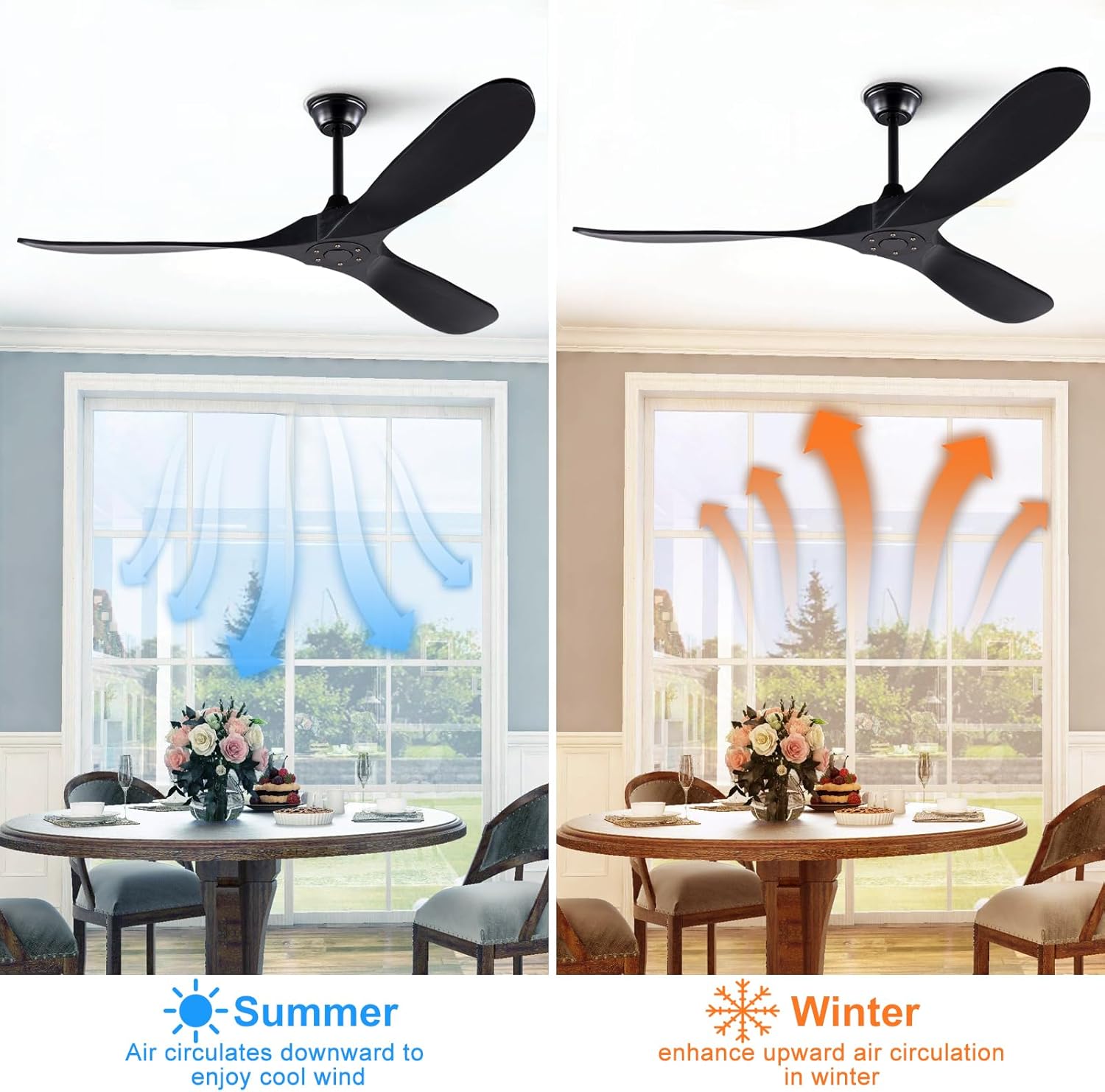 BOOMJOY Ventilador de techo de madera moderno de 60 pulgadas sin luces, motor CC reversible sin ruido, ventiladores de techo de 60 pulgadas para