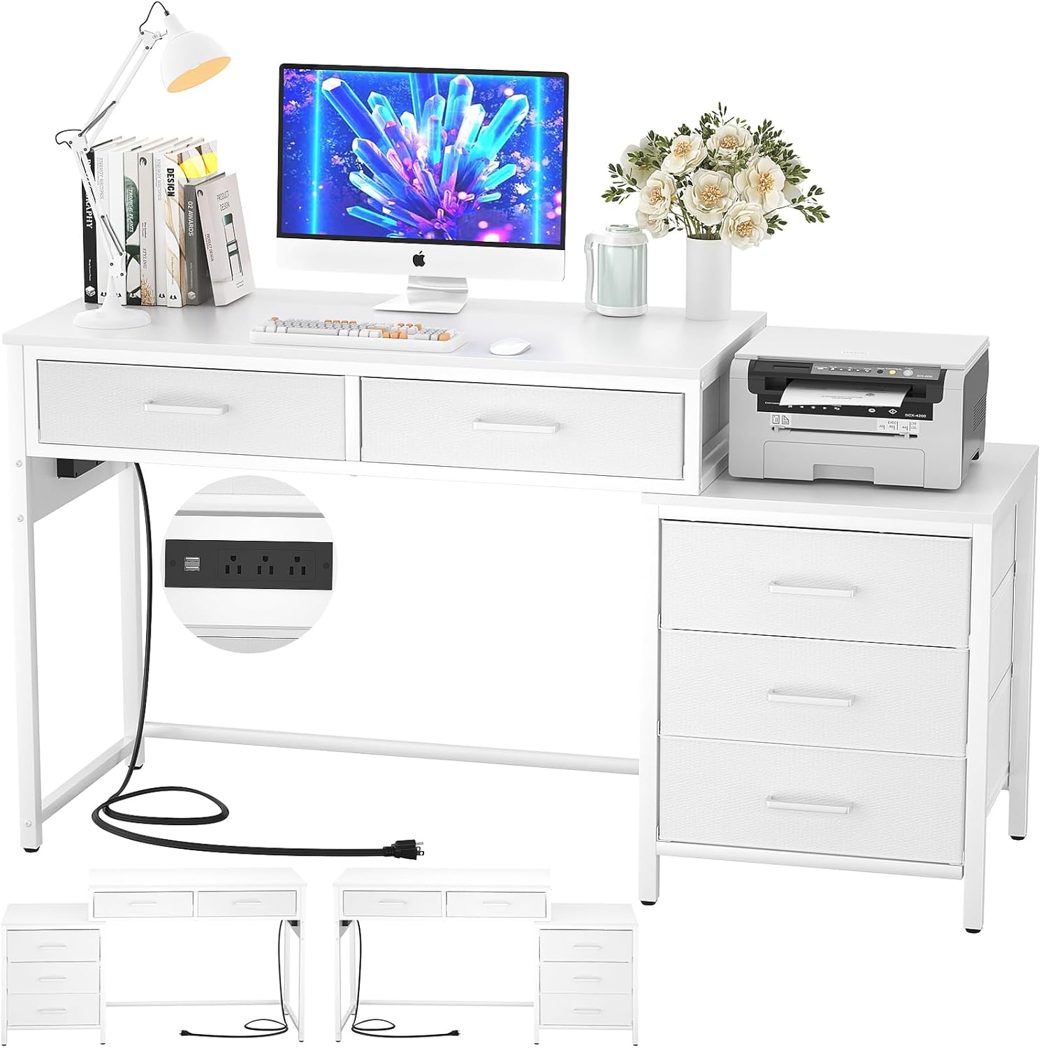Escritorio para computadora con 5 cajones, escritorio de oficina reversible con tomas de corriente y puertos de carga USB, mesa de escritura
