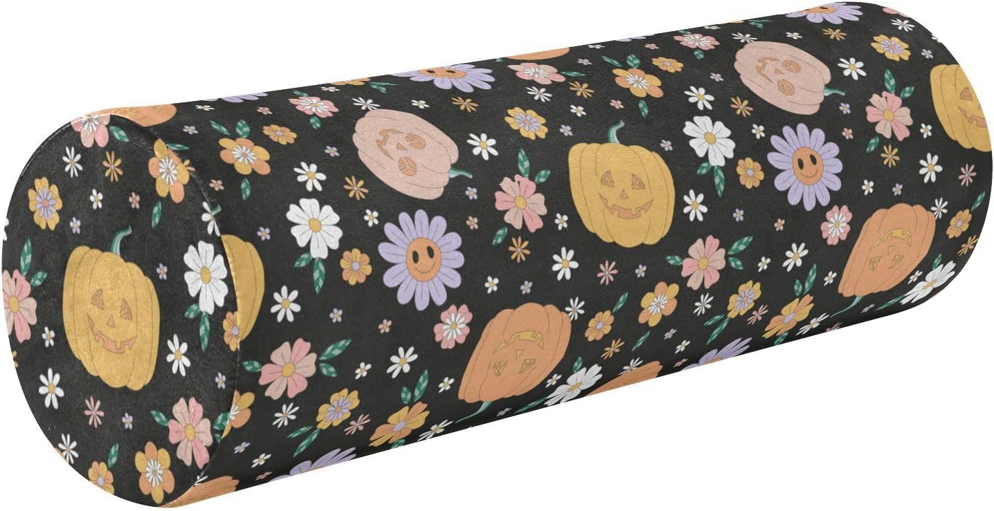 FRODOTGV Hippie Groovy Halloween Pumpkin Daisy Outdoor Bolster Pillow Neck Roll Pillow Round Pillow Kids Cylinder Pillow Cover Leg Support Pillow