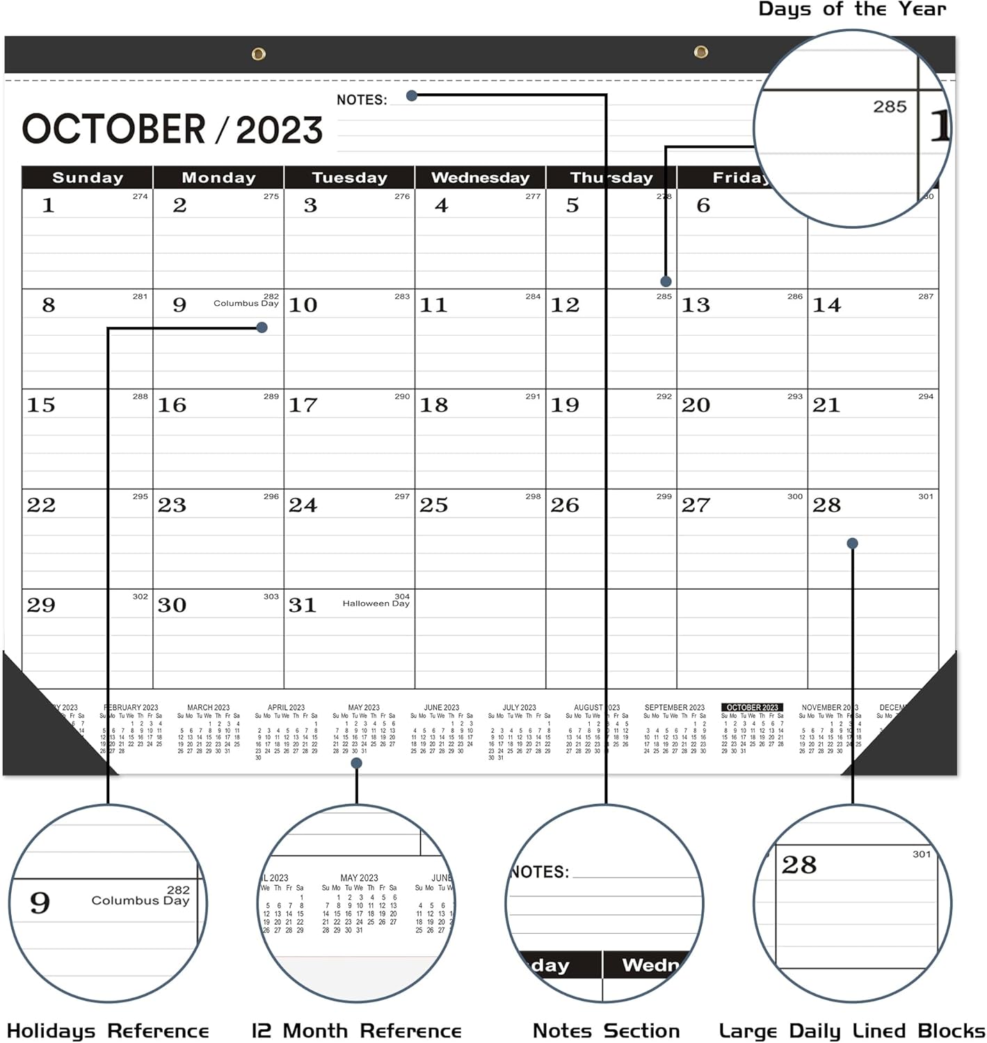 Calendario de escritorio grande de 22 x 17 pulgadas 2023-2024  Calendario mensual profesional de pared OCT.2023  MAR.2025, negro clásico