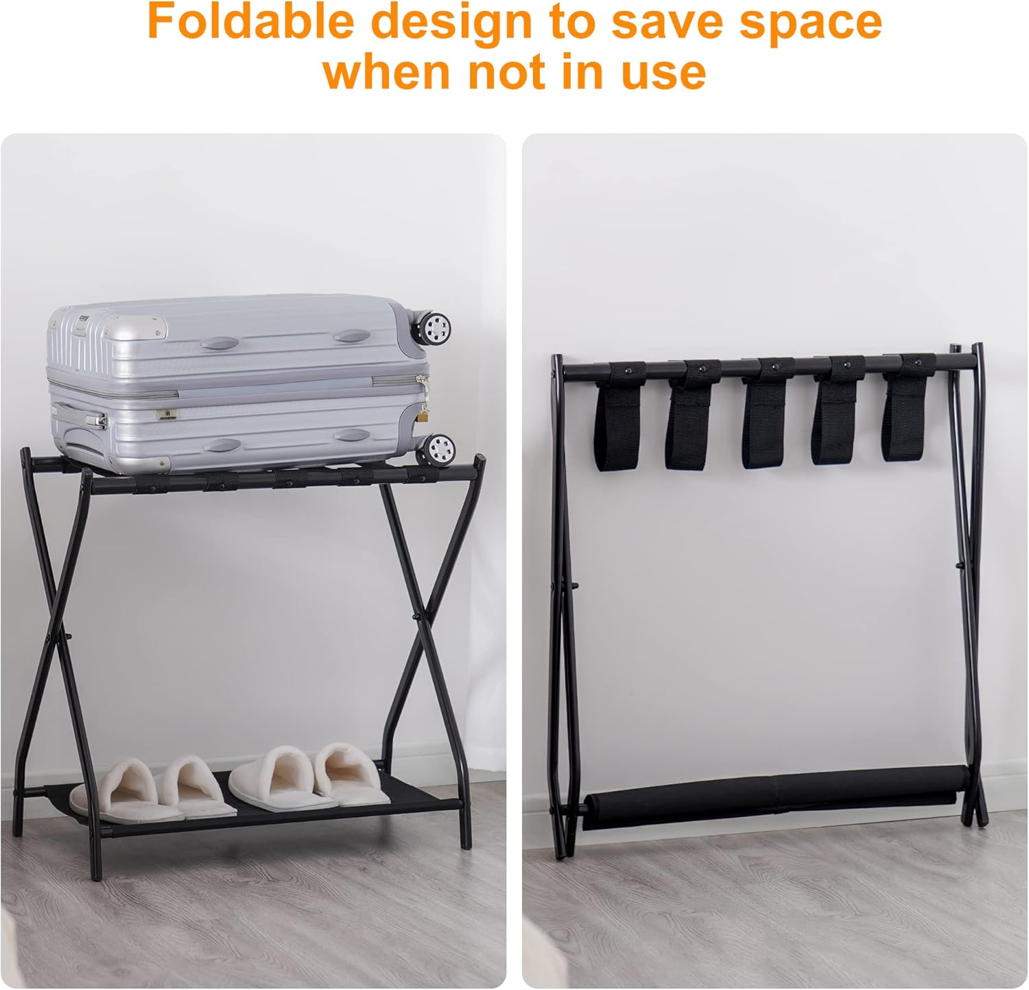 Heybly Portaequipajes, paquete de 2, soporte plegable de acero para maleta con estante de almacenamiento para habitación de invitados, dormitorio,