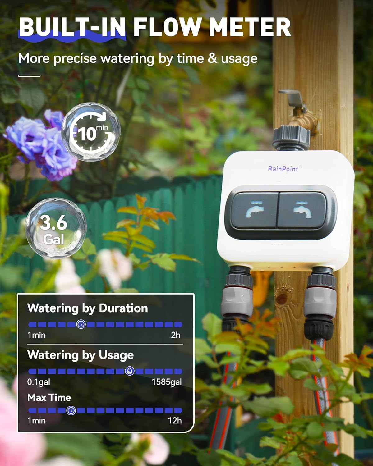 RAINPOINT Temporizador de agua WiFi para manguera de jardín  6 planes separados, riego por galón y tiempo, modo de riego y niebla, fácil de usar,