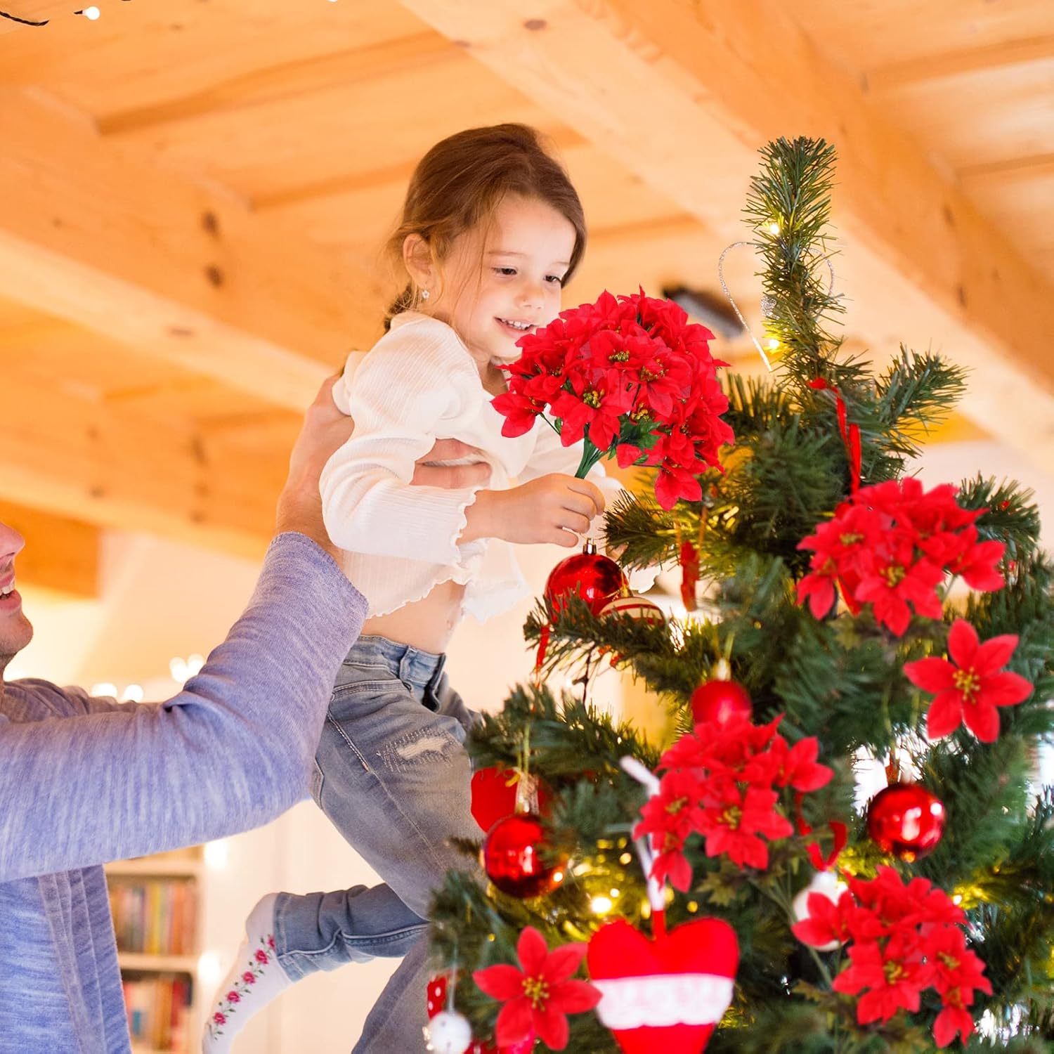 7 cabezas de flores de pascua artificiales de Navidad, ramos de flores de pascua sintéticas, adornos de árbol de Navidad de flor de pascua, adornos