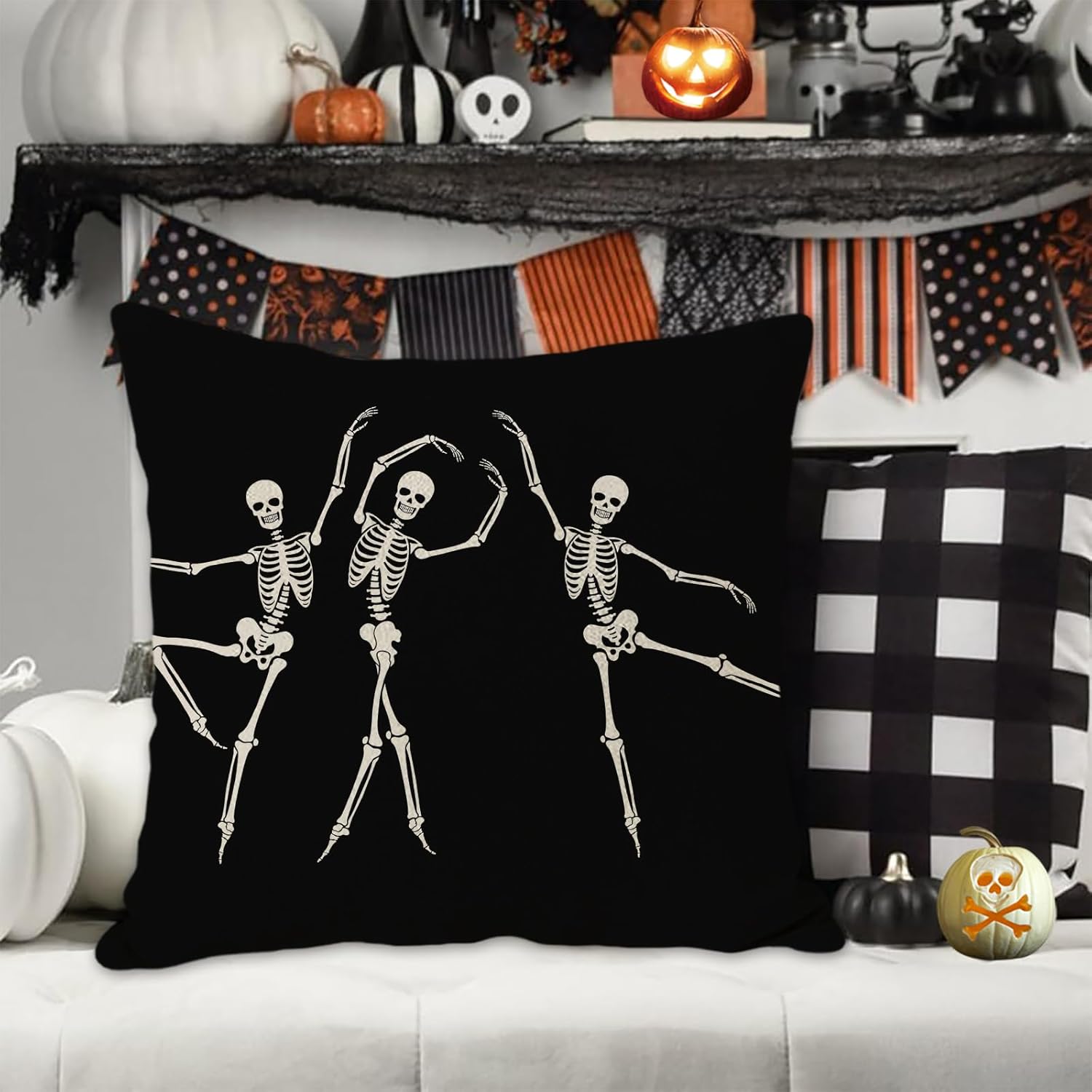 JOOCAR Fundas de almohada de calavera de Halloween, decoración gótica negra, divertida funda de almohada de lino para sofá, cama, silla de