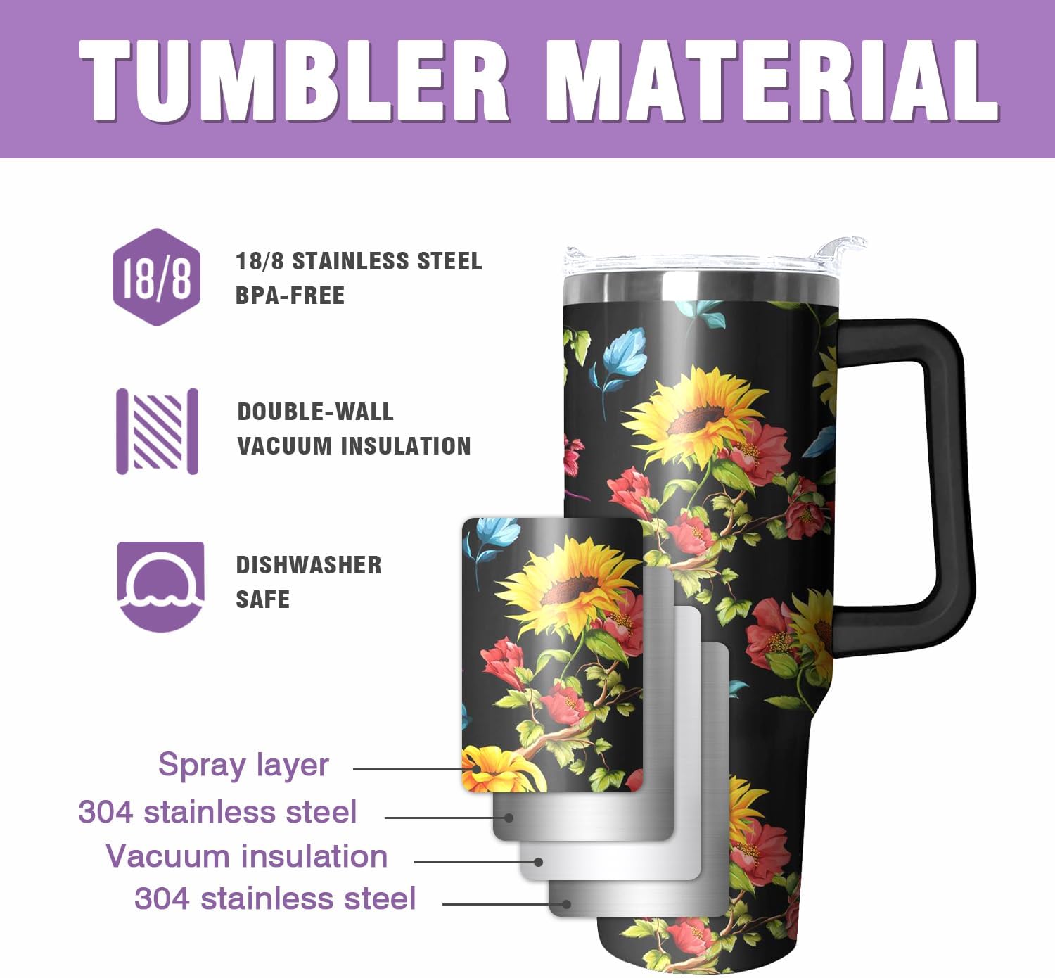 Vaso de 40 onzas con asa y tapa con pajilla, Sumflower de doble pared al vacío, botella de agua caliente o fría, reutilizable, taza de viaje de