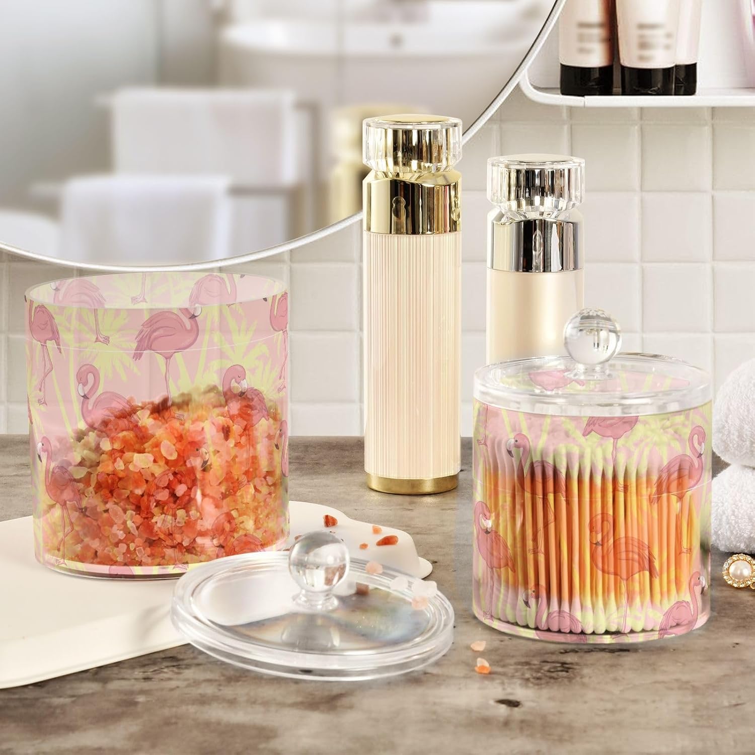 Flamingos Jars with Lids Small Jars Bathroom Storage Containers Canisters Floss Pick Holder for Dorm Room Essentials for College Students Girls