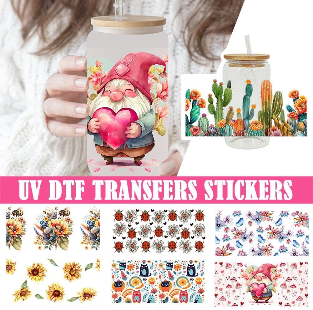 Adhesivo de transferencia UV DTF para tazas de vidrio, impresión de mariposas de plantas de dibujos animados, impresión 3D UV DTF de transferencia
