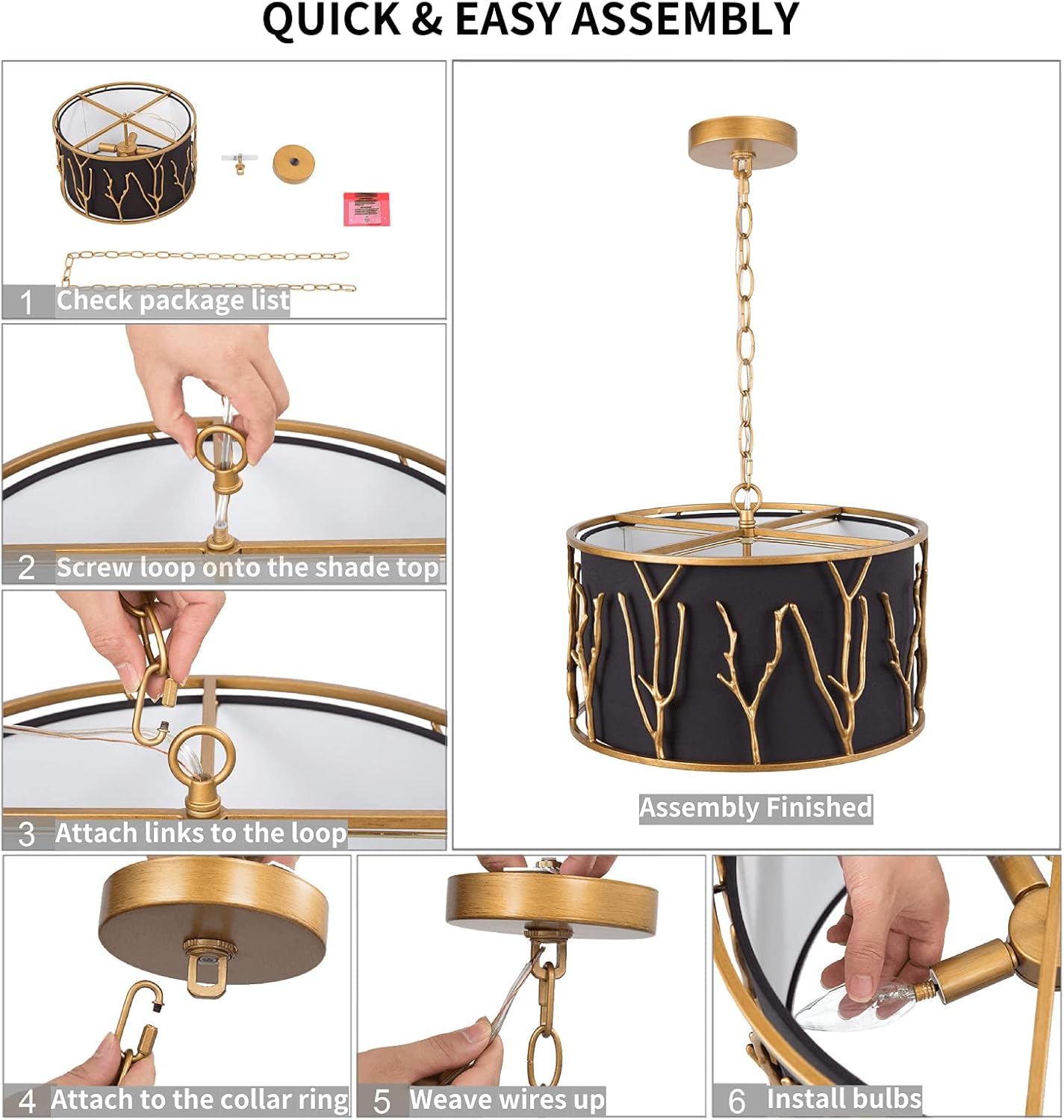 Durent Lighting Lámpara colgante de tambor de 4 luces con pantalla de tela negra y marco de cobre antiguo, lámpara redonda de 15.5 pulgadas con