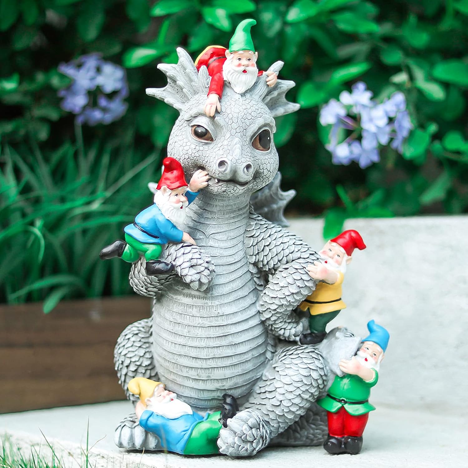 Estatuas de gnomo de dragón para decoración al aire libre, juego de dinosaurios de 13 pulgadas con gnomos, estatua de jardín para decoración de