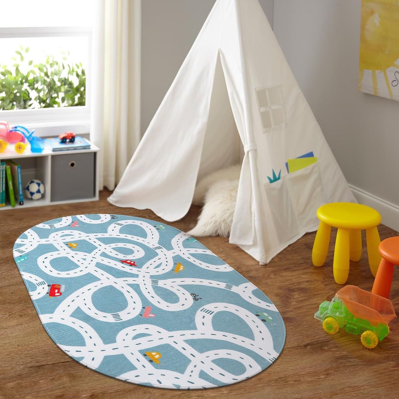 Alfombra de carretera pequeña para habitación de los niños, alfombra de juego lavable para niños de 3 x 5 pies, alfombra de juego antideslizante