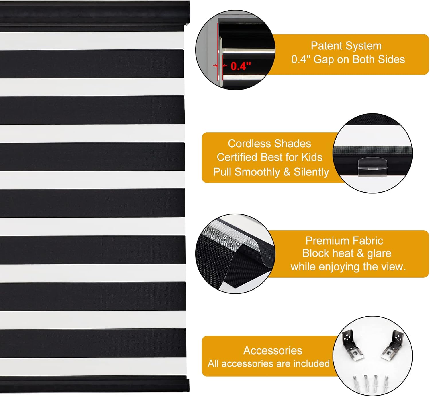 Persilux Persianas estilo cebra sin cordones para ventanas (58 pulgadas de ancho x 72 pulgadas de alto, negro) enrollables, de doble capa con