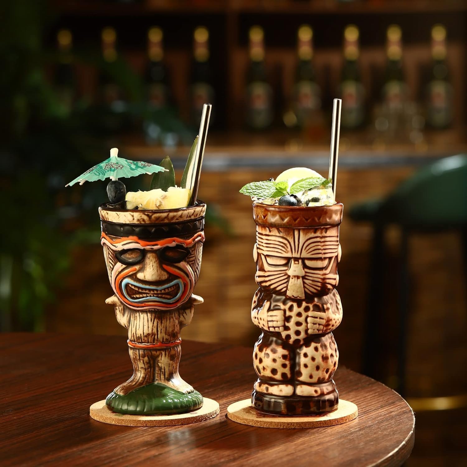 Juego de 4 tazas Tiki para cóctel, vasos de cerámica Tiki para fiesta de estilo hawaiano, vasos tropicales para barras Mai Tai, Luaus y Tiki.