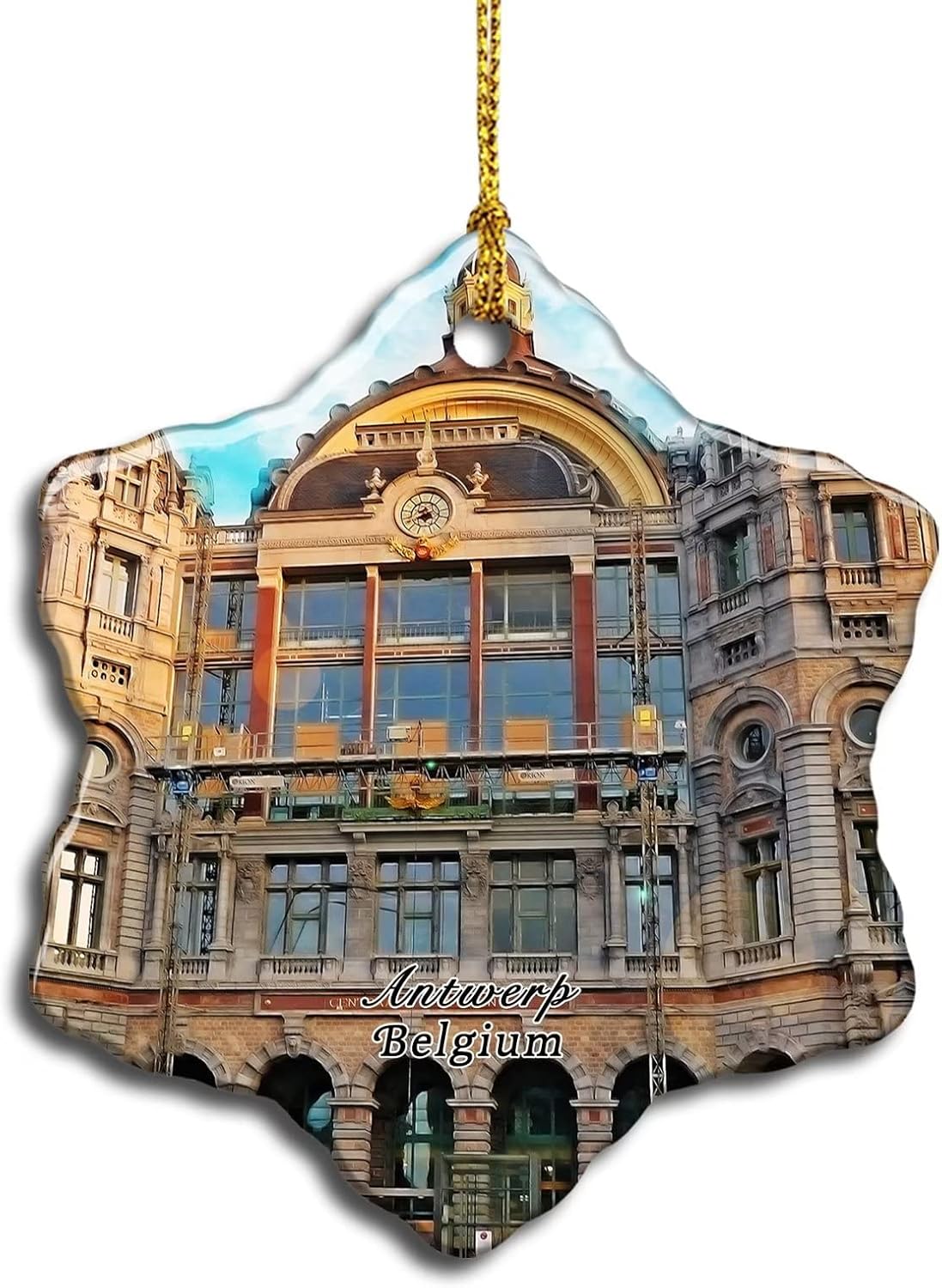 Bélgica Amberes Central Station Adornos de Navidad Árbol de Navidad Decoración colgante Recuerdos de cerámica de doble cara Mochila Colgantes