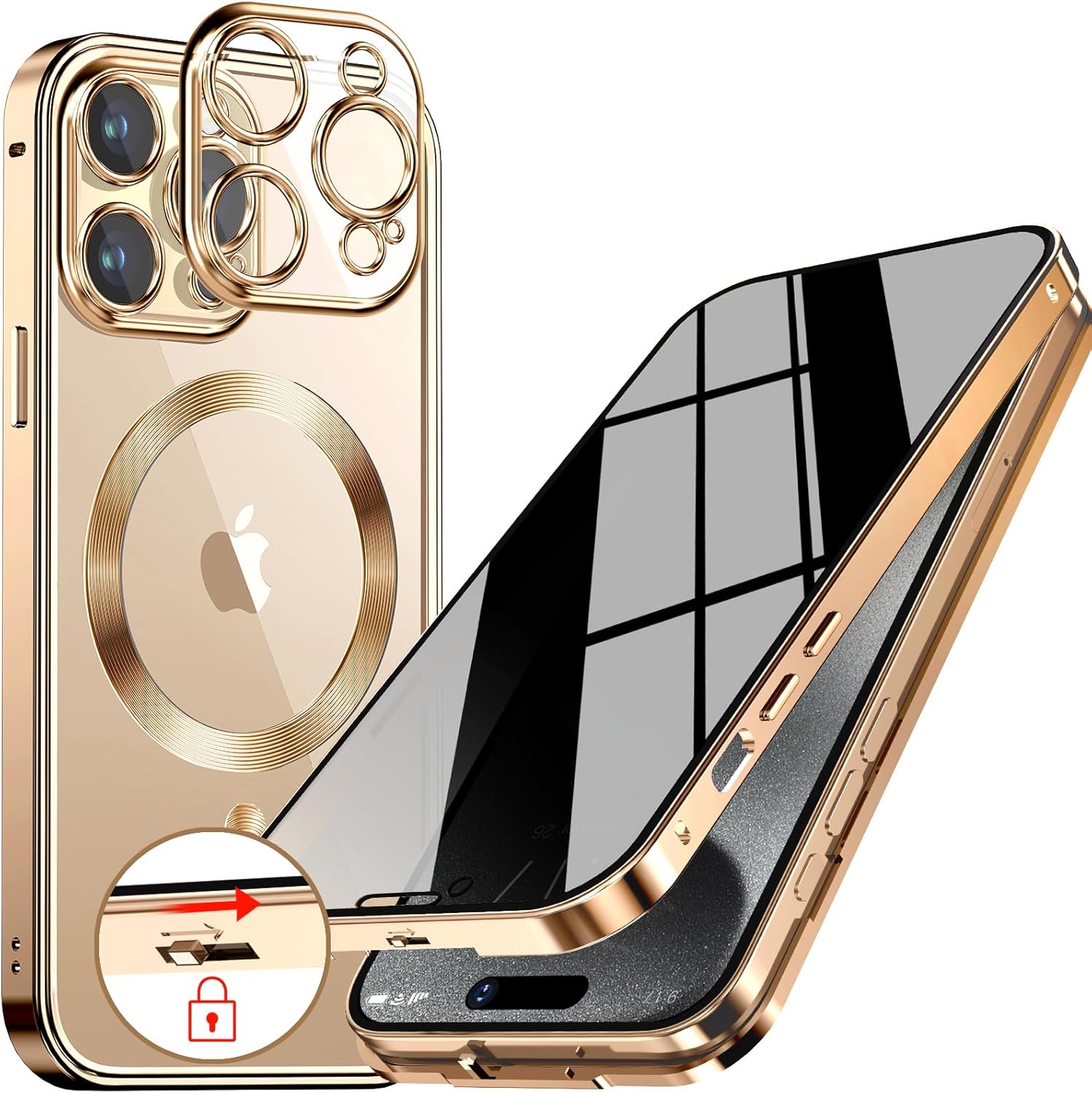 Funda magnética de privacidad para iPhone 15 Pro con anillo de metal CD y bloqueo desplegable automático compatible con MagSafe protección de lente