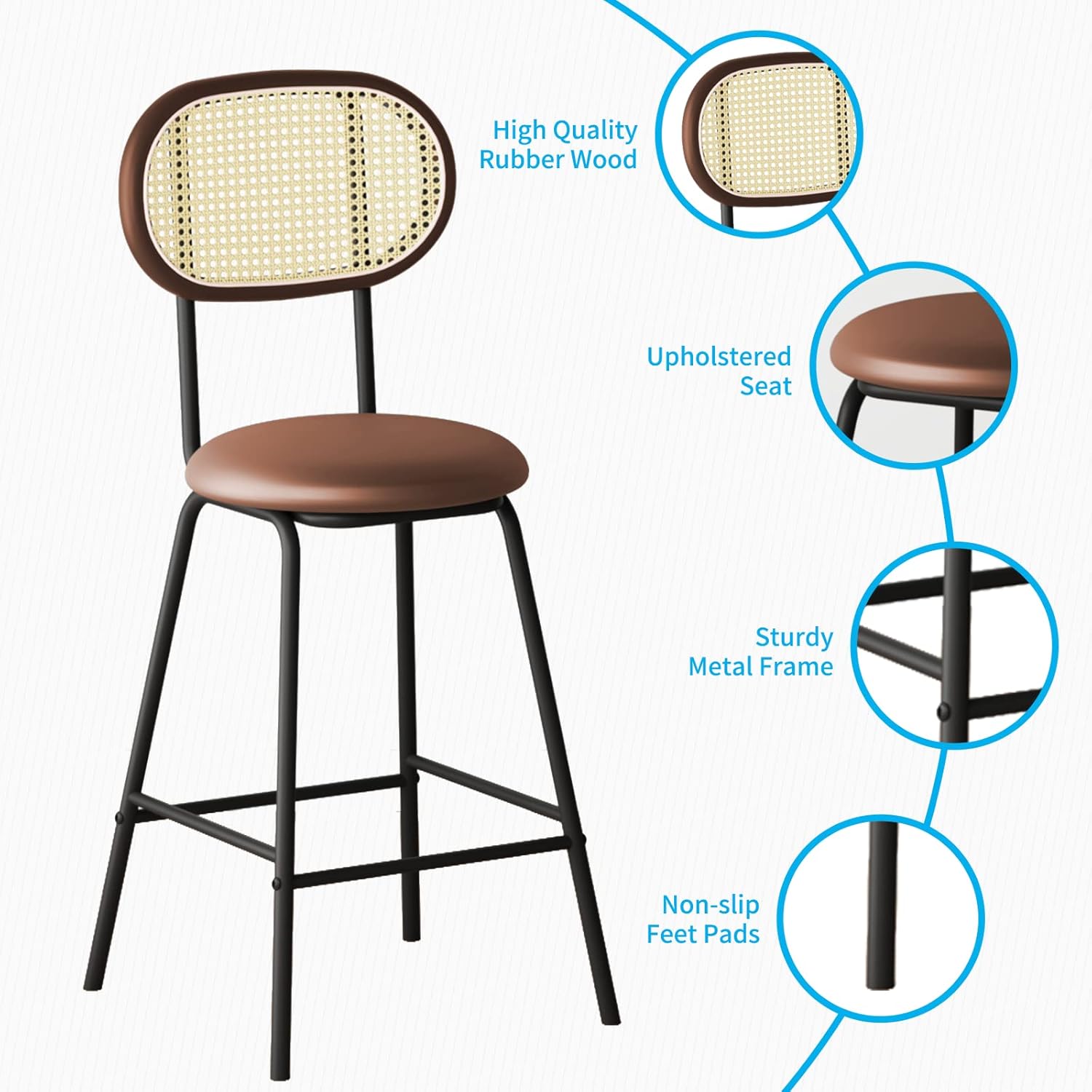 Mjkone Juego de taburetes de bar de cuero de 2.24 pulgadas para interiorexterior, silla de comedor con respaldo de ratán, taburete de bar de altura