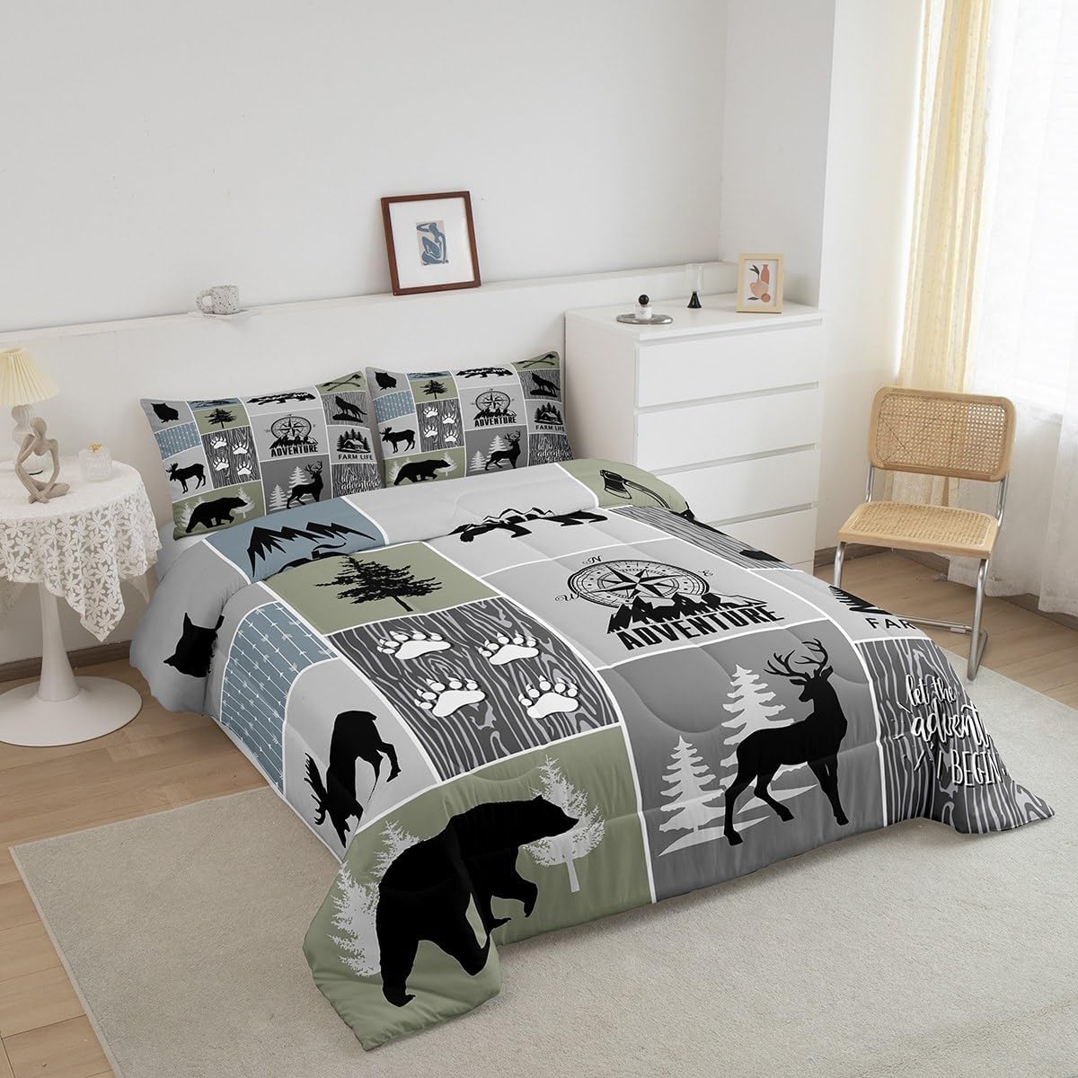 Juego de edredón rústico de cabaña para niños, tamaño individual, juego de ropa de cama de caza de ciervos y oso para decoración de habitación de
