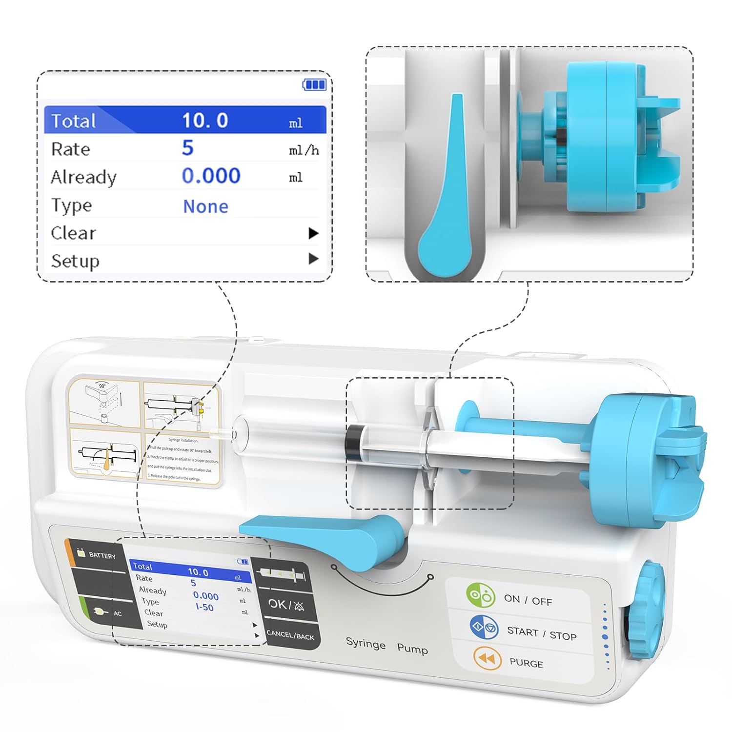 CONTEC Bomba de jeringa veterinaria Máquina de bomba recargable con KVO Alarma de umbral de oclusión ajustable y calibración SP950