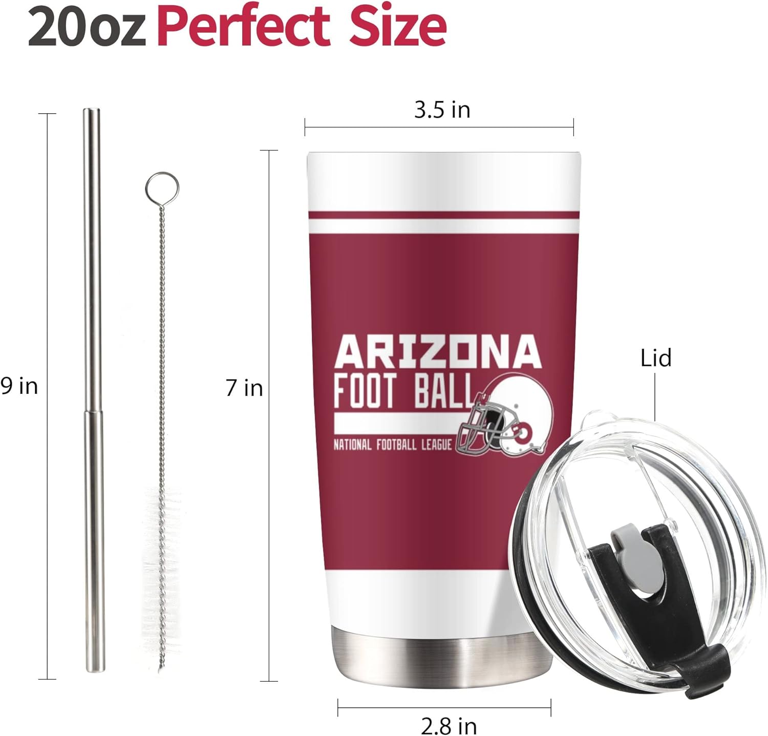 Arizona – Vaso personalizado de 20 onzas con tapas y pajita, taza de café de viaje personalizada, vasos aislados, regalo de fútbol para hombres,