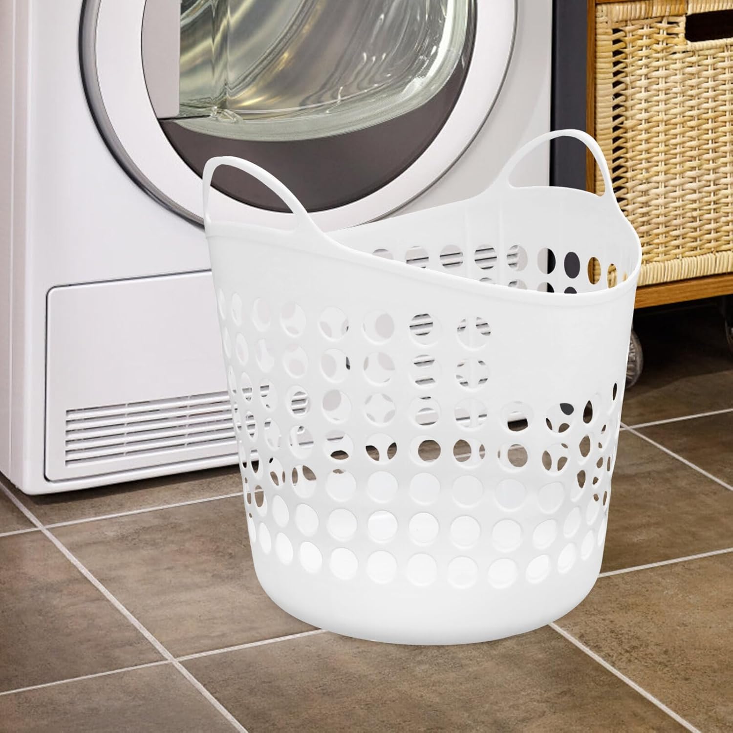 Zerodeko Cesta flexible de plástico para ropa sucia, contenedor redondo portátil con asas de transporte para ropa, dormitorio, organizador de