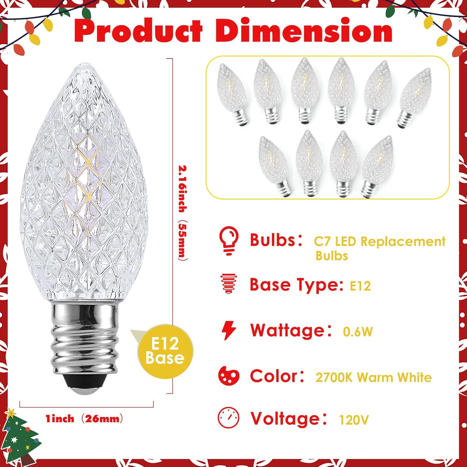 Paquete de 50 bombillas de repuesto de luz de Navidad C7, bombilla de grado comercial de 0.6 W, 2700 K cálidas, bombillas de candelabro E12 para