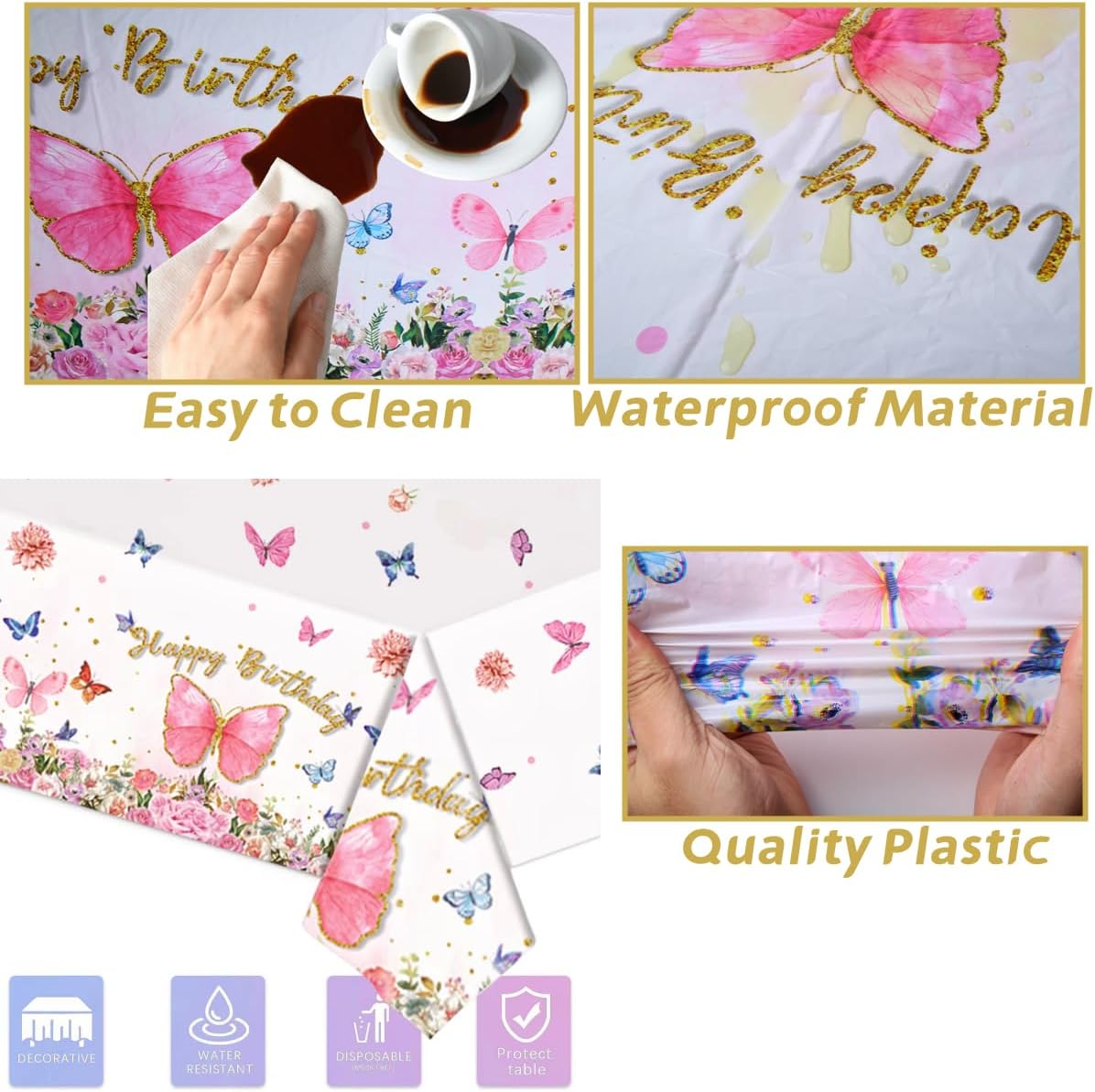 3 manteles de mariposa de feliz cumpleaños, decoración de fiesta de cumpleaños de mariposa para niña, 108 x 54 pulgadas, cubierta de mesa de