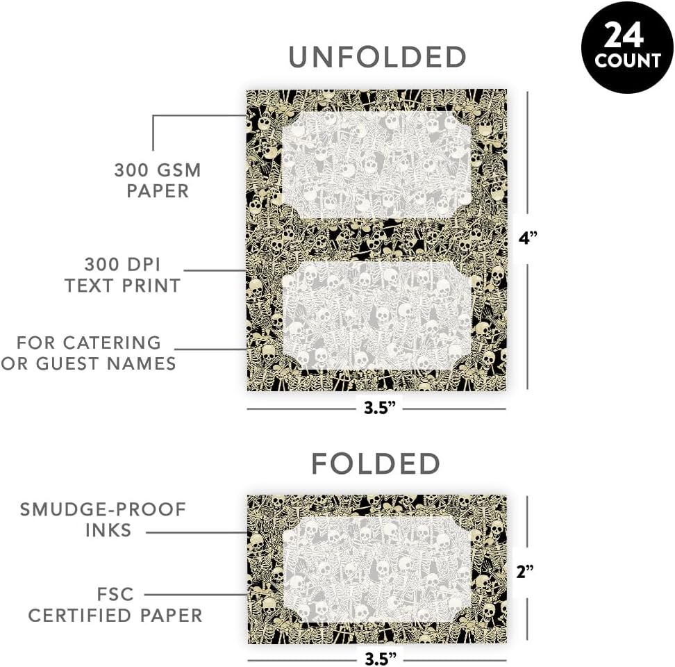Andaz Press Paquete de 24 tarjetas de mesa de Halloween para colocar la mesa, con puntuaciones para plegarse fácilmente, esqueletos y sombras,