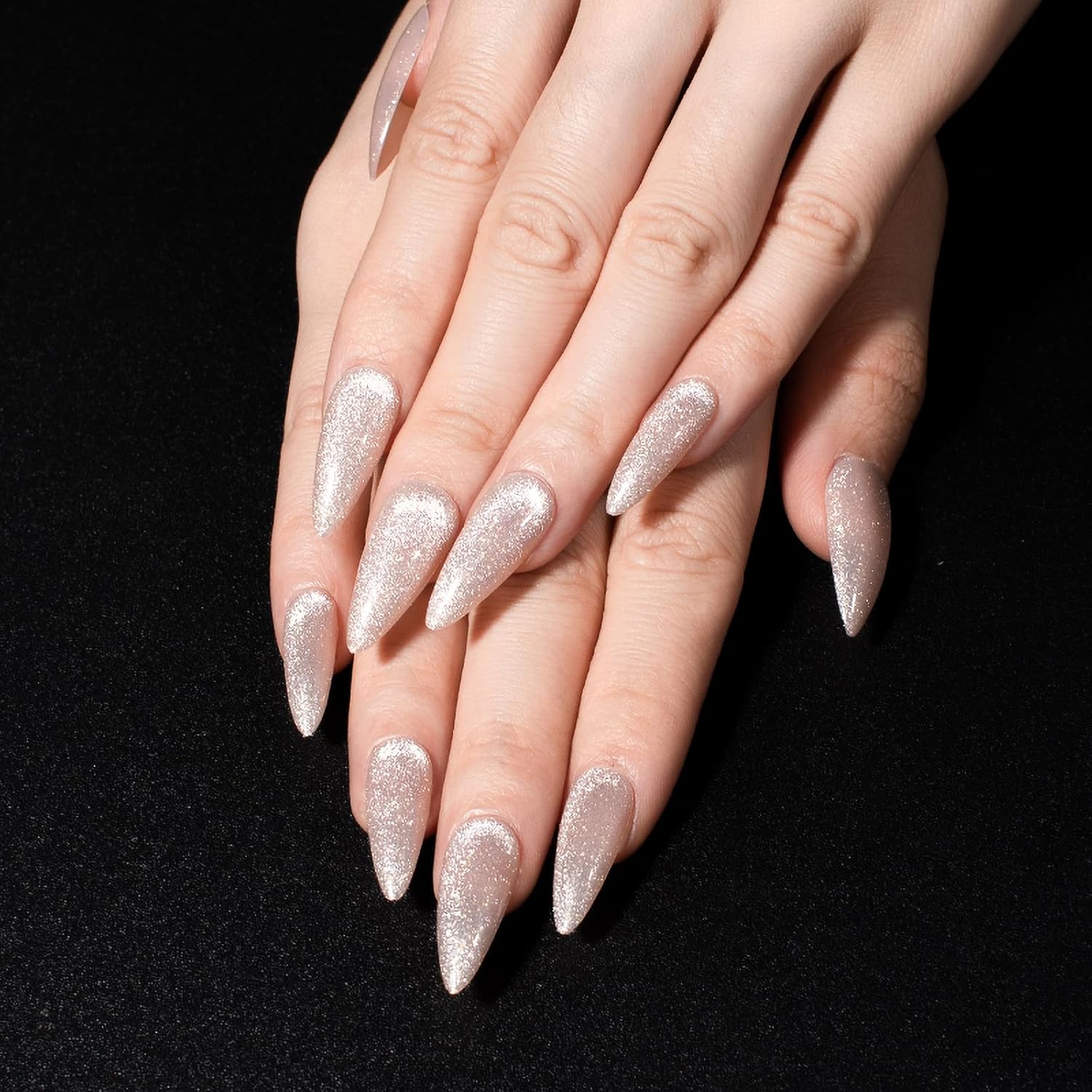 KKUUOO Uñas postizas hechas a mano, uñas postizas de ojo de gato, uñas postizas con diseños de purpurina, uñas acrílicas blancas, cobertura