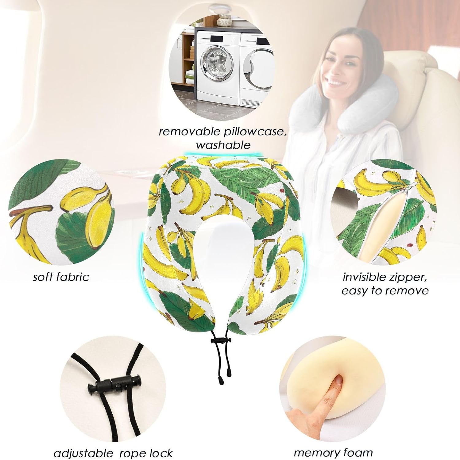 Almohada de viaje Almohada de cuello de fruta de plátano para cama de viaje, almohada de espuma viscoelástica en forma de U para el cuello 214a4489