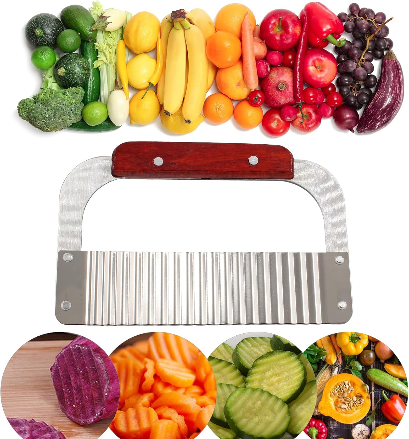 Cortador de arrugas de acero inoxidable, cuchillo de picador ondulado, cortador giratorio ondulado con hoja de acero, mango de madera para verduras,